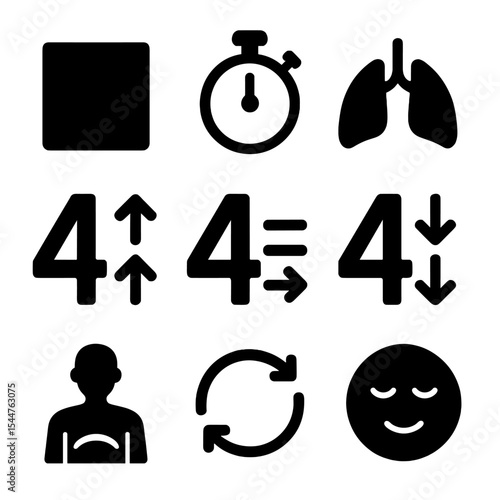 Breathing Exercises Icon Set. Solid, Filled icon set of breathing exercises: box breathing square, stopwatch, lungs icon, inhale