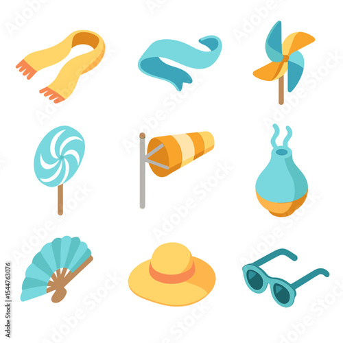Breeze Accessories Icons. Isometric Flat icon set of breeze accessories: scarf fluttering, ribbon, pinwheel, wind spinner, wind