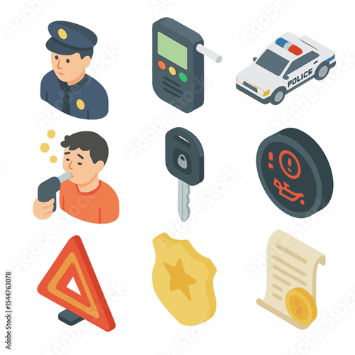 Breathalyzer Roadside Icons. Isometric Flat icon set of breathalyzer roadside test: police officer, breathalyzer device, police