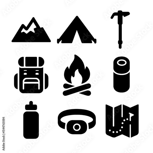 Camping Gear Icons. Solid, filled icons set of mountain camping gear: mountain icon, tent, hiking pole, backpack, campfire, sleeping pad, water bottle, headlamp, trail map.