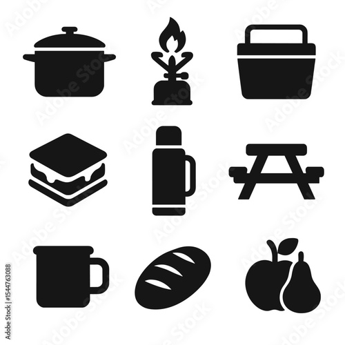 Camping Meal Icons. Solid, filled icons set of camping meals and food prep: cooking pot, camping stove, food