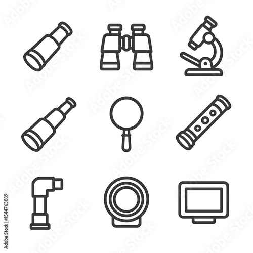 Brass Optics Icon Set. Outline icon set of brass optical devices: monocular, binoculars, microscope, spyglass, magnifying glass,