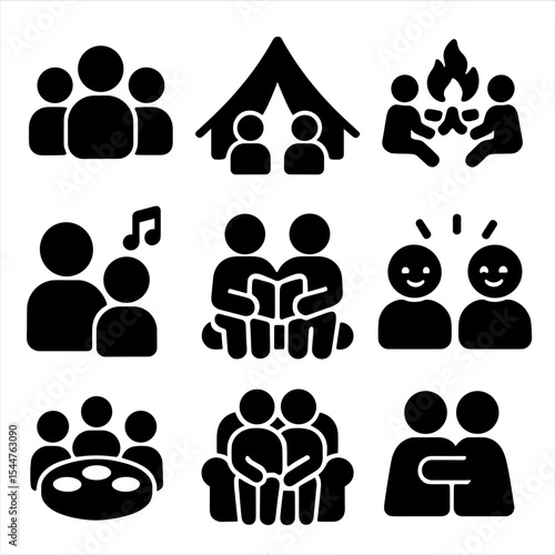 Camping Icons Grid. Solid, filled icons set of group camping and bonding: group icon, shared tent, campfire