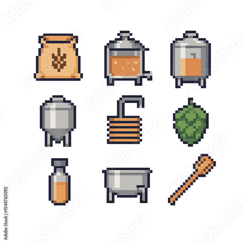 Brewing Process Icons. Pixel art icon set of brewing process: malt bag, mash tun, boil kettle, fermentation tank, wort chiller,