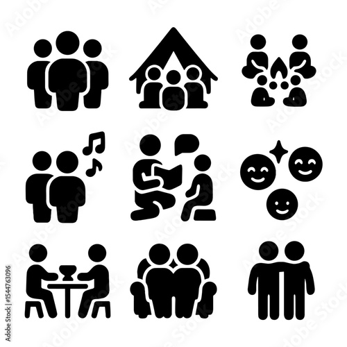 Camping Icons Grid. Solid, filled icons set of group camping and bonding: group icon, shared tent, campfire