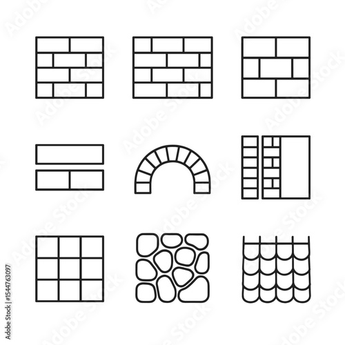 Brick Pattern Icons. Outline icon set of brick and masonry patterns: stretcher bond, Flemish bond, glazed brick, mortar joint,