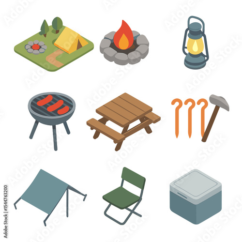 Camping Icon Set. Isometric Flat icon set of camping site setup on hike: campsite layout, fire pit, lantern, cooking grill, picnic