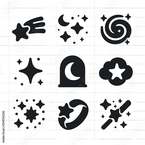 Celestial Icon Set. Solid, filled icons set of celestial dreams: shooting star, sparkling night, cosmic swirl,
