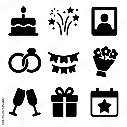 Celebration Icons Grid. Solid, filled icons set of celebrating milestones: anniversary cake, fireworks, photo