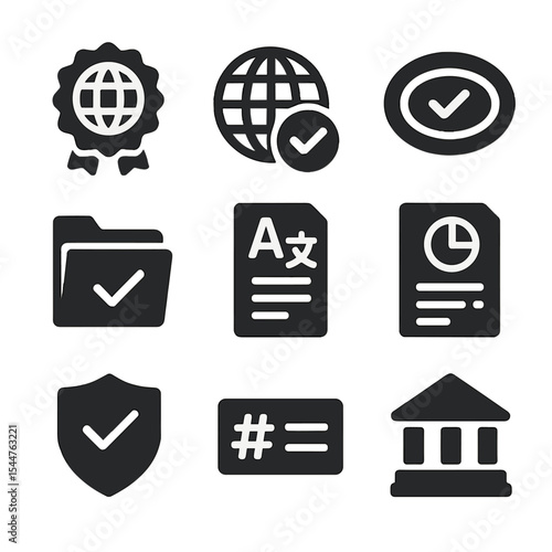 Certification Icons Grid. Solid, filled icons set of international certification programs: global badge,