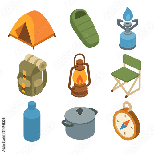 Camping Gear Icons. Isometric Flat icon set of camping gear: tent, sleeping bag, camping stove, backpack, lantern, camping chair,