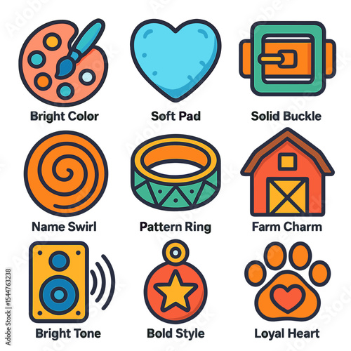 Charming Icon Grid. Solid, filled icons set of style and personality: bright color, soft pad, solid buckle,