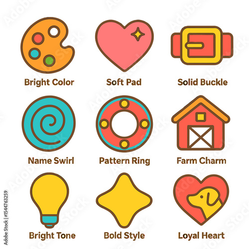 Charming Icon Grid. Solid, filled icons set of style and personality: bright color, soft pad, solid buckle,