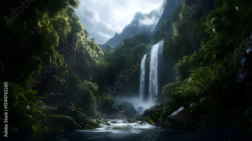 A majestic waterfall surrounded by high cliffs and a tranquil mountain stream, with lush vegetation growing along the water’s edge.