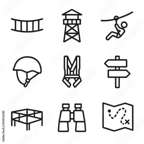 Canopy Tour Icons. Outline icon set of canopy tour experiences: suspension bridge, observation tower, zip line, safety helmet,