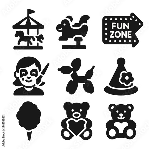 Children's Fairground Icons. Solid, filled icons set of children’s fairground activities: mini carousel, kiddie ride, coin ride, fun zone sign, 