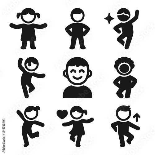 Children's Dance Icons. Solid, filled icons set of dance as self-expression for children: open arms, proud posture, creative sparkle, expressive movement, confident smile, personal style, 