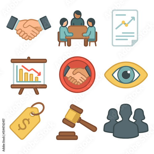 Cartel Icon Set. Isometric Flat icon set of Cartels and Collusion: handshake with money, secret meeting table, price-fixing