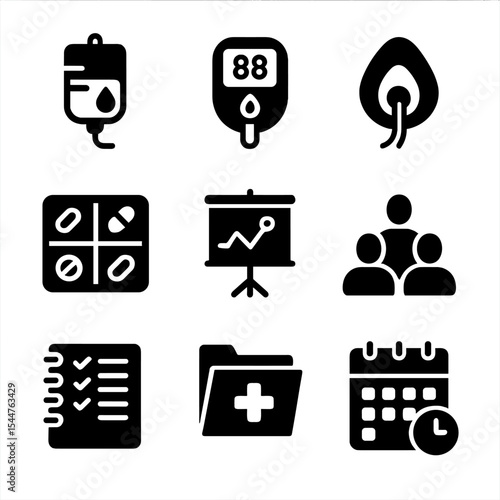 Chronic Care Icons. Solid, filled icons set of caregiving for chronic illness: IV drip, glucose meter, oxygen