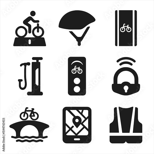 City Cycling Icons. Solid, filled icons set of city cycling infrastructure: cycle path, helmet icon, road