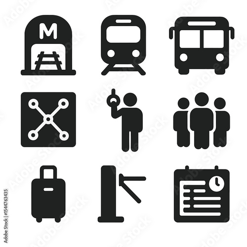 City Transit Icons. Solid, filled icons set of city transportation: subway station, train icon, bus icon, transit map, commuter icon, busy icon, luggage, turnstile, timetable.