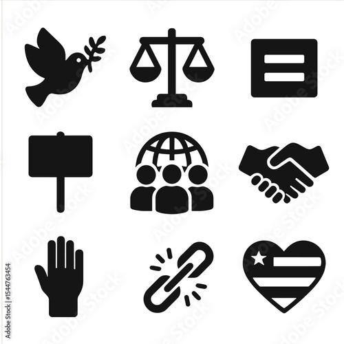 Civil Rights Icons. Solid, filled icons set of civil rights symbols: peace dove, scales of justice, equality