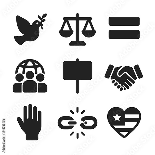 Civil Rights Icons. Solid, filled icons set of civil rights symbols: peace dove, scales of justice, equality