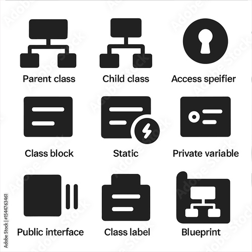 Class Structure Icons. Solid, filled icons set of class structure visualization: parent class, child class,