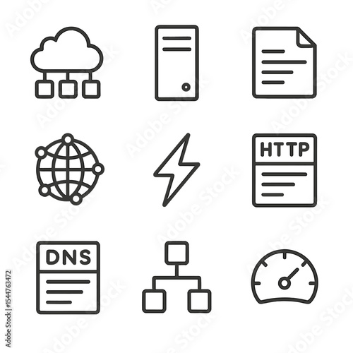 CDN Integration Icons. Outline icon set of CDN and edge storage integration: CDN node, edge server, content cache, globe with