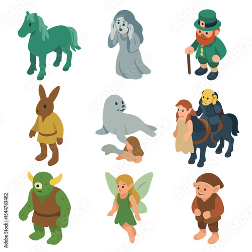 Celtic Mythology Icons. Isometric Flat icon set of mythological Celtic creatures: Kelpie, Banshee, Leprechaun, Púca, Selkie,