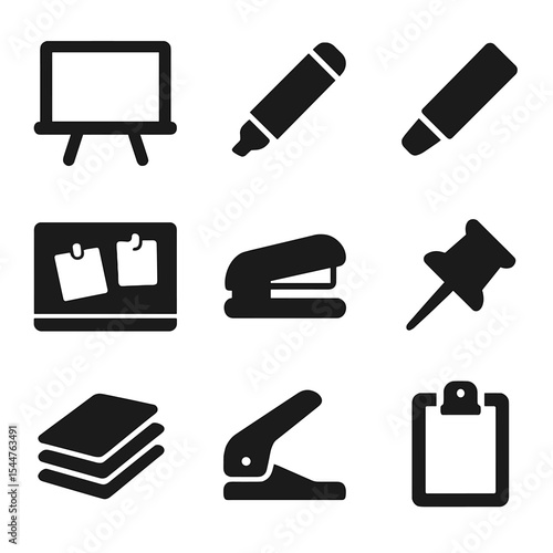 Classroom Essentials Icons. Solid, filled icons set of classroom essentials: whiteboard, marker, chalk,