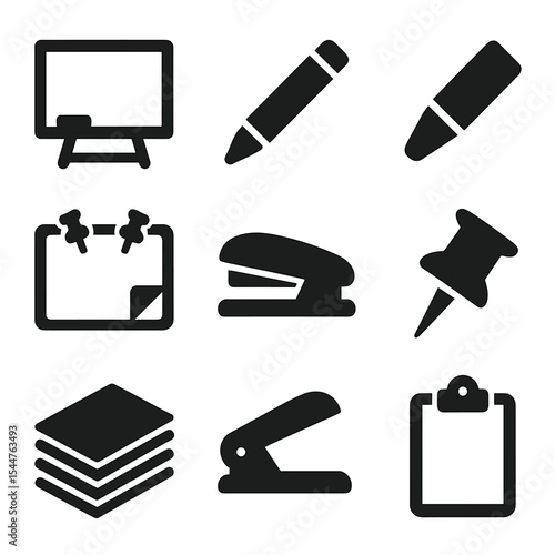 Classroom Essentials Icons. Solid, filled icons set of classroom essentials: whiteboard, marker, chalk,