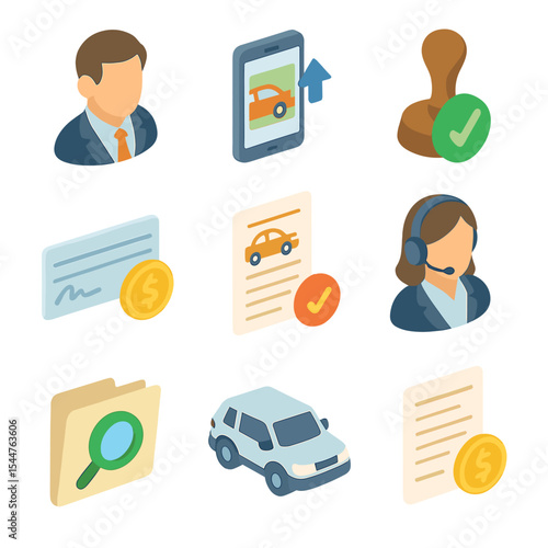Claims Processing Icons. Isometric Flat icon set of claims processing workflow: claims adjuster avatar, damage photo upload,