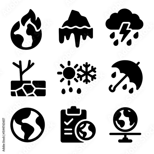 Climate Change Icons. Solid, filled icons set of climate change impacts: warm earth, melting ice, storm cloud,