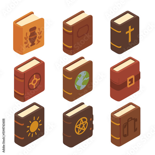 Classic Literature Icons. Isometric Flat icon set of classic literature genres: poetry anthology, leather-bound novel,