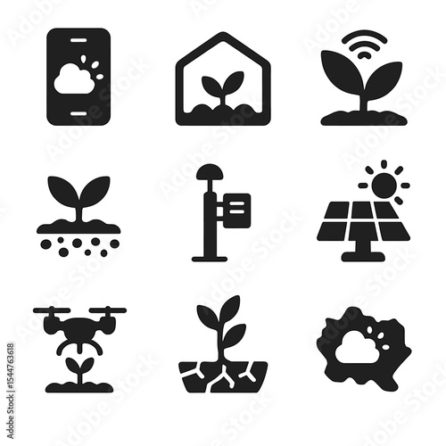Climate-Smart Agriculture Icons. Solid, filled icons set of climate-smart agriculture: weather app, greenhouse