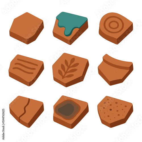 Clay Pottery Icon Set. Isometric Flat icon set of clay pottery shards: terracotta fragment, glaze drip, kiln mark, hand-pressed