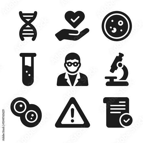 Cloning Ethics Icons. Solid, filled icons set of moral issues in cloning: double helix, ethical icon, petri