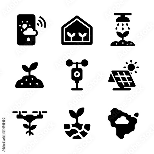Climate-Smart Agriculture Icons. Solid, filled icons set of climate-smart agriculture: weather app, greenhouse