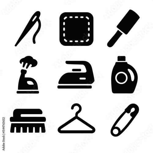 Clothing Care Icons. Solid, filled icons set of clothing repair and care: sewing needle, patch, lint roller,