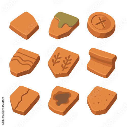 Clay Pottery Icon Set. Isometric Flat icon set of clay pottery shards: terracotta fragment, glaze drip, kiln mark, hand-pressed
