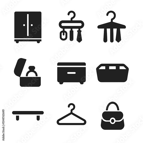 Closet Organization Icons. Solid, filled icons set of closet organization: closet icon, belt hanger, tie rack,