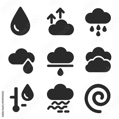 Cloud Formation Icons. Solid, filled icons set of cloud formation process: water vapor, warm air rise,