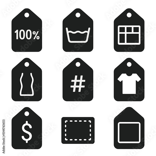 Clothing Tag Icons. Solid, filled icons set of clothing tag design: fabric composition, washing icon, size
