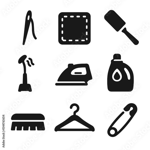 Clothing Care Icons. Solid, filled icons set of clothing repair and care: sewing needle, patch, lint roller,