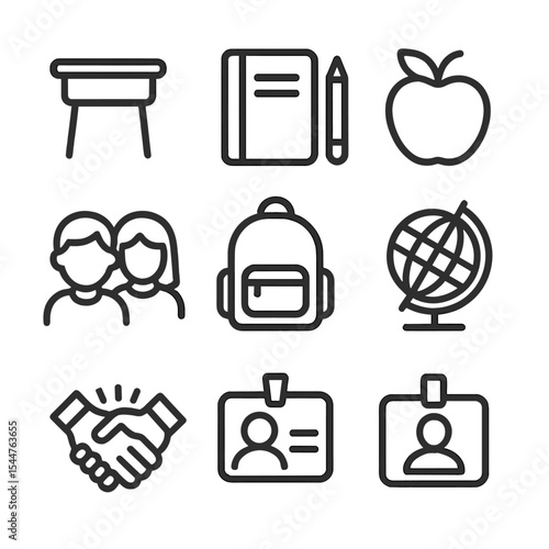Classroom Icon Set. Outline icon set of classroom best friends portraits: desk outlines, notebook, pencil pair, apple, child