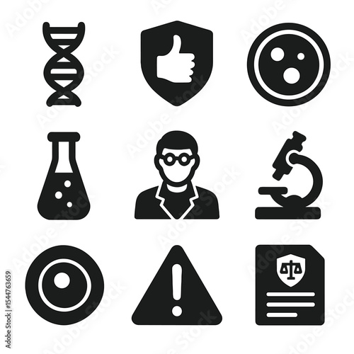 Cloning Ethics Icons. Solid, filled icons set of moral issues in cloning: double helix, ethical icon, petri