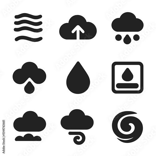 Cloud Formation Icons. Solid, filled icons set of cloud formation process: water vapor, warm air rise,