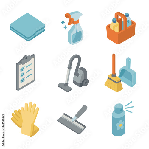 Cleaning Routine Essentials. Isometric Flat icon set of daily cleaning routine: microfiber cloth, spray bottle, cleaning caddy,