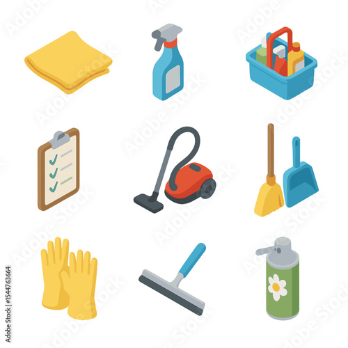 Cleaning Routine Essentials. Isometric Flat icon set of daily cleaning routine: microfiber cloth, spray bottle, cleaning caddy,